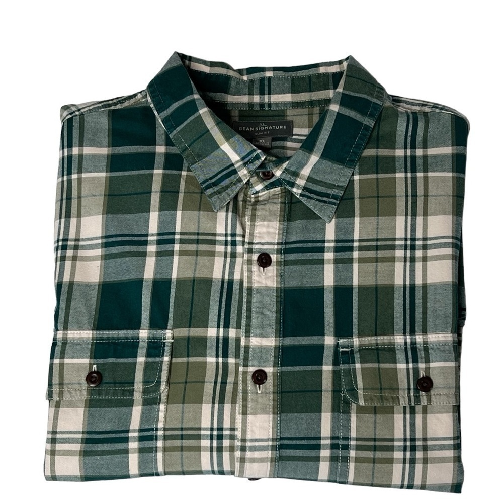 L.L. BEAN SIGNATURE Slim Fit Long Sleeve Button Down Green Plaid Men's Shirt XL